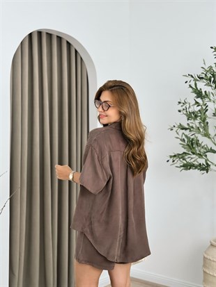 Kahve Modal Tensel Şort Gömlek Takım 51396