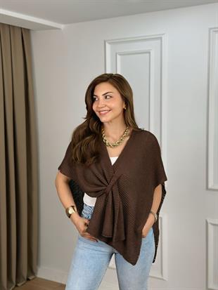 Kahve Örgülü Triko Panço 2388