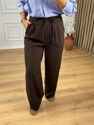 Kahve Rengi Beli Lastikli Yanları Cepli Bağcıklı Krep Kumaş Bol Paça Pantolon 3709