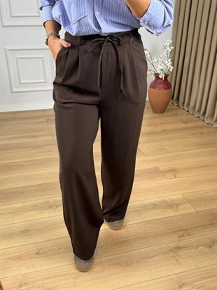 Kahve Rengi Beli Lastikli Yanları Cepli Bağcıklı Krep Kumaş Bol Paça Pantolon 3709