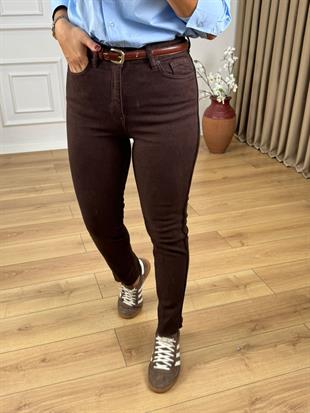 Kahve Rengi Yüksek Bel Yanları Şerit Detaylı Fit Mom Jean 7111
