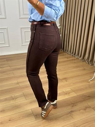 Kahve Rengi Yüksek Bel Yanları Şerit Detaylı Fit Mom Jean 7111