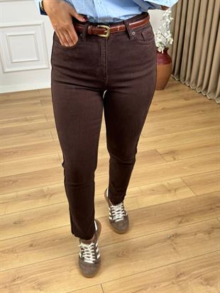 Kahve Rengi Yüksek Bel Yanları Şerit Detaylı Fit Mom Jean 7111