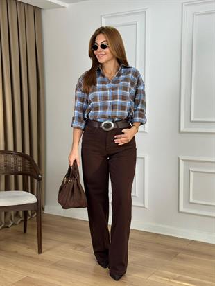 Kahve Rengi Yüksel Bel Bol Paça Likralı Relax Kot Pantolon 718