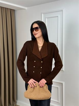 Kahve Şal Yaka Gold Düğmeli Triko Hırka 41085