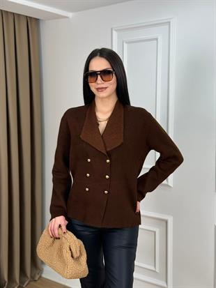 Kahve Şal Yaka Gold Düğmeli Triko Hırka 41085