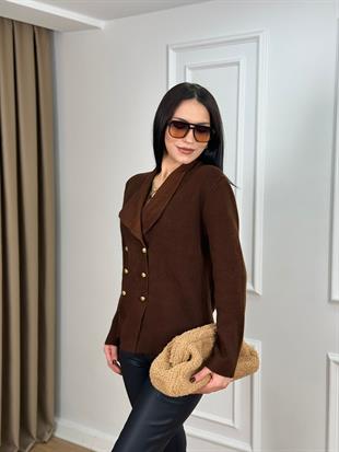 Kahve Şal Yaka Gold Düğmeli Triko Hırka 41085