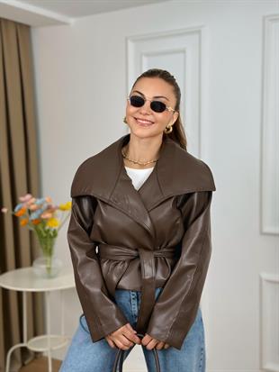 Kahve Tasarım Geniş Yakalı Astarlı Deri Ceket 251010