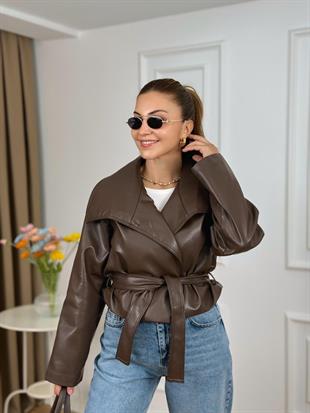 Kahve Tasarım Geniş Yakalı Astarlı Deri Ceket 251010