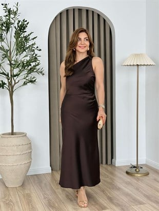 Kahve Tek Omuz Yandan Fermuarlı Saten Elbise 26222