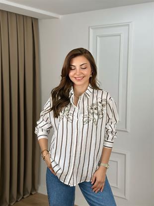 Kahve Üçlü Çiçek Nakışlı Çizgili Gömlek 261470