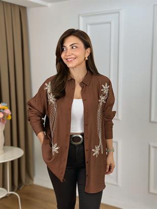 Kahve Üçlü Çiçek Nakışlı İncili Gömlek 10442