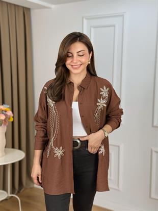Kahve Üçlü Çiçek Nakışlı İncili Gömlek 10442