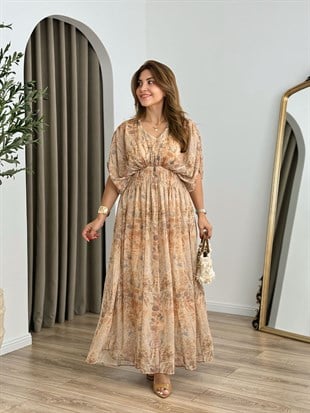 Kahve V Yaka Beli Lastikli Yarasa Kol Astarlı Bohem Elbise 3486