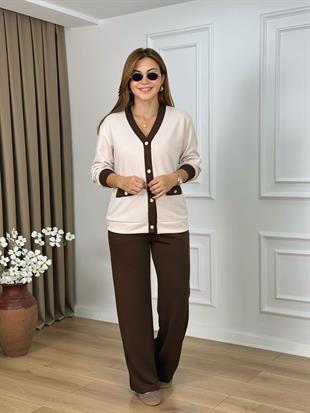 Kahve V Yaka Gold Düğmeli Modal Kumaş Hırka Takım 2304