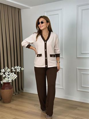 Kahve V Yaka Gold Düğmeli Modal Kumaş Hırka Takım 2304