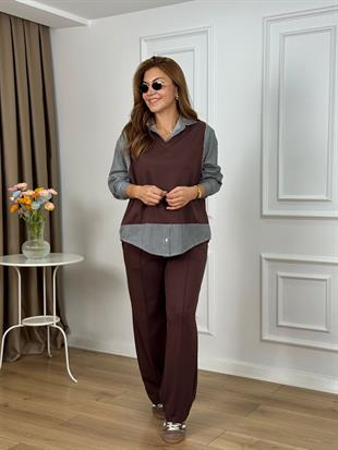 Kahve V Yaka Gömlek Detaylı Çizgili Modal Kumaş Eşofman Takımı 5486