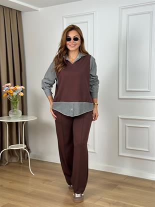 Kahve V Yaka Gömlek Detaylı Çizgili Modal Kumaş Eşofman Takımı 5486