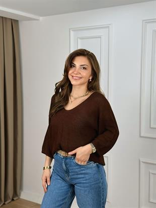 Kahve V Yaka Truvakar Kol Merserize Triko 4554