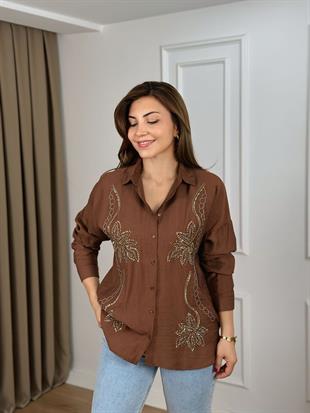 Kahve Yaprak Desenli Gömlek 10362