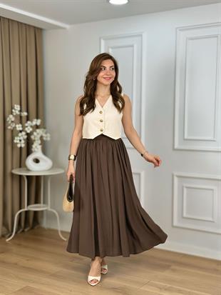 Kahve Yüksek Bel Astarlı Büzgülü Etek 3401