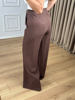 Kahve Yüksek Bel Beli Lastikli Tensel Kumaş  Pantolon 7256