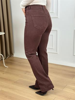 Kahve Yüksek Bel Düğme Detaylı Fermuarlı Likralı Denim Kumaş Boru Paça Kot Pantolon 7170
