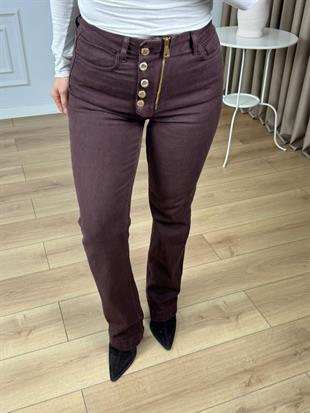 Kahve Yüksek Bel Düğme Detaylı Fermuarlı Likralı Denim Kumaş Boru Paça Kot Pantolon 7170