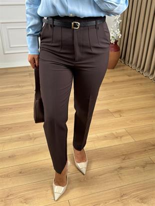 Kahve Yüksek Bel Kemerli Flatolu Pantolon 16546