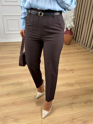 Kahve Yüksek Bel Kemerli Flatolu Pantolon 16546