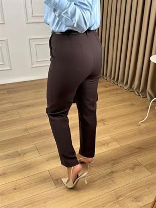 Kahve Yüksek Bel Kemerli Flatolu Pantolon 16546