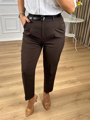 Kahve Yüksek Bel Kemerli Yanları Cepli Pantolon 3790