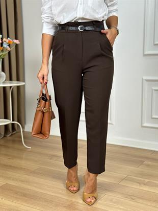 Kahve Yüksek Bel Kemerli Yanları Cepli Pantolon 3790