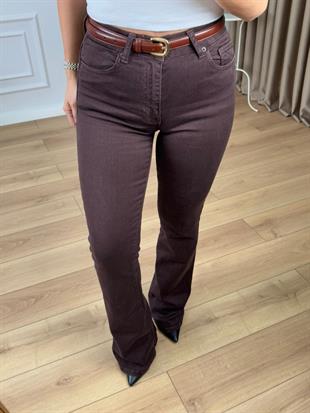 Kahve Yüksek Bel Likralı İspanyol Paça Jean 867