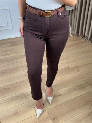 Kahve Yüksek Bel Likralı Toparlayıcı Paçası Kesik Fit Mom Jean 764