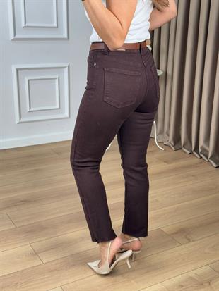 Kahve Yüksek Bel Likralı Toparlayıcı Paçası Kesik Fit Mom Jean 764