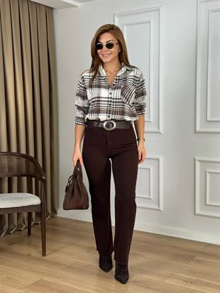 Kahve Yüksek Bel Likralı Toparlayıcı Palazzo Pantolon 1710