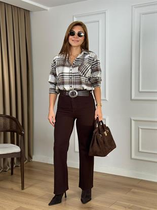 Kahve Yüksek Bel Likralı Toparlayıcı Palazzo Pantolon 1710