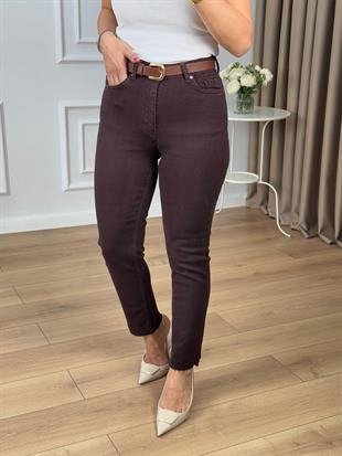 Kahve Yüksek Bel Likralı Toparlayıcı Paçası Kesik Fit Mom Jean 764
