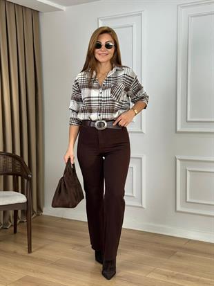 Kahve Yüksek Bel Likralı Toparlayıcı Palazzo Pantolon 1710