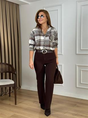 Kahve Yüksek Bel Likralı Toparlayıcı Palazzo Pantolon 1710