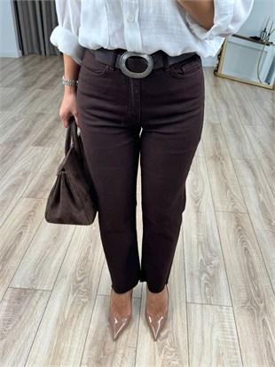 Kahve Yüksek Bel Likralı Toparlayıcı Paçası Kesik Fit Mom Jean 764