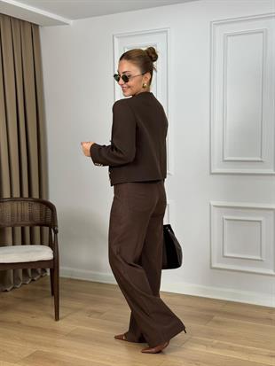 Kahve Yüksek Bel Lyocell Organik Kumaş Palazzo Pantolon 26415