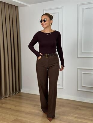 Kahve Yüksek Bel Lyocell Organik Kumaş Palazzo Pantolon 26415