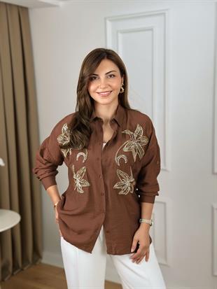 Kahve Zambak Nakışlı Gömlek 10352