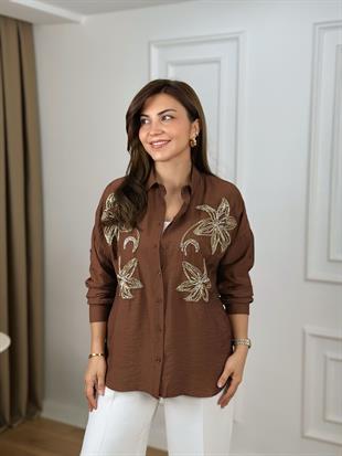 Kahve Zambak Nakışlı Gömlek 10352