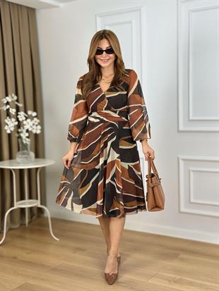 Kiremit Kruvaze Yaka Desenli Astarlı Tül Elbise 262687