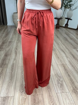 Kiremit Yüksek Bel Beli Lastikli Tensel Kumaş  Pantolon 7256