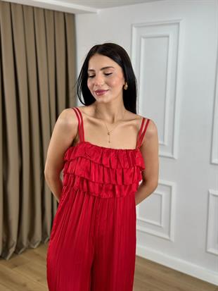 Kırmızı Askılı Kraslı Saten Tulum 6426