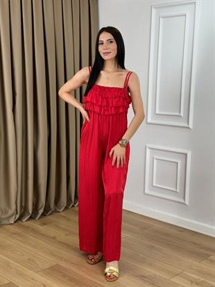 Kırmızı Askılı Kraslı Saten Tulum 6426